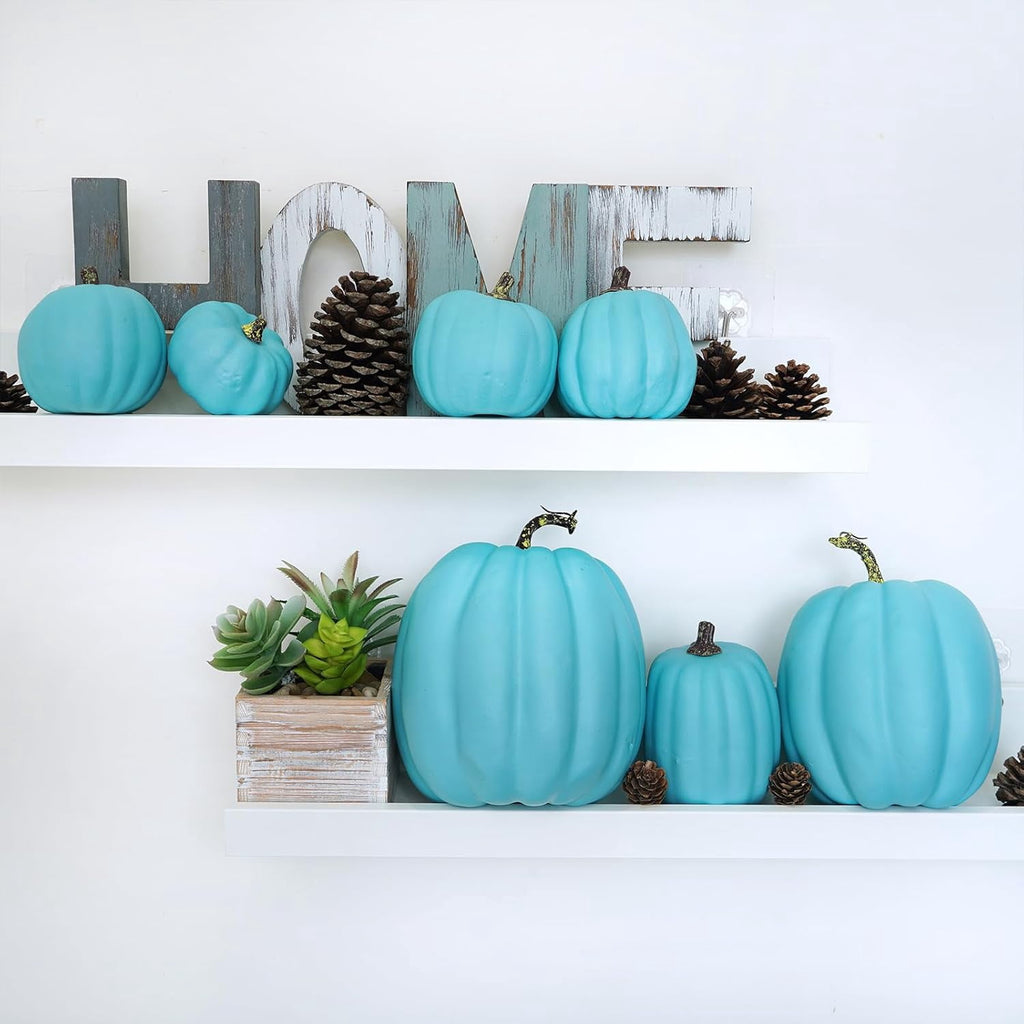 Foraging dimple 7 Pcs Assorted Harvest Orange Artificial Pumpkins Decorative Pumpkins Foam Pumpkins with Gold Stems for Fall Harvest Autumn Home Wedding Thanksgiving Halloween Party