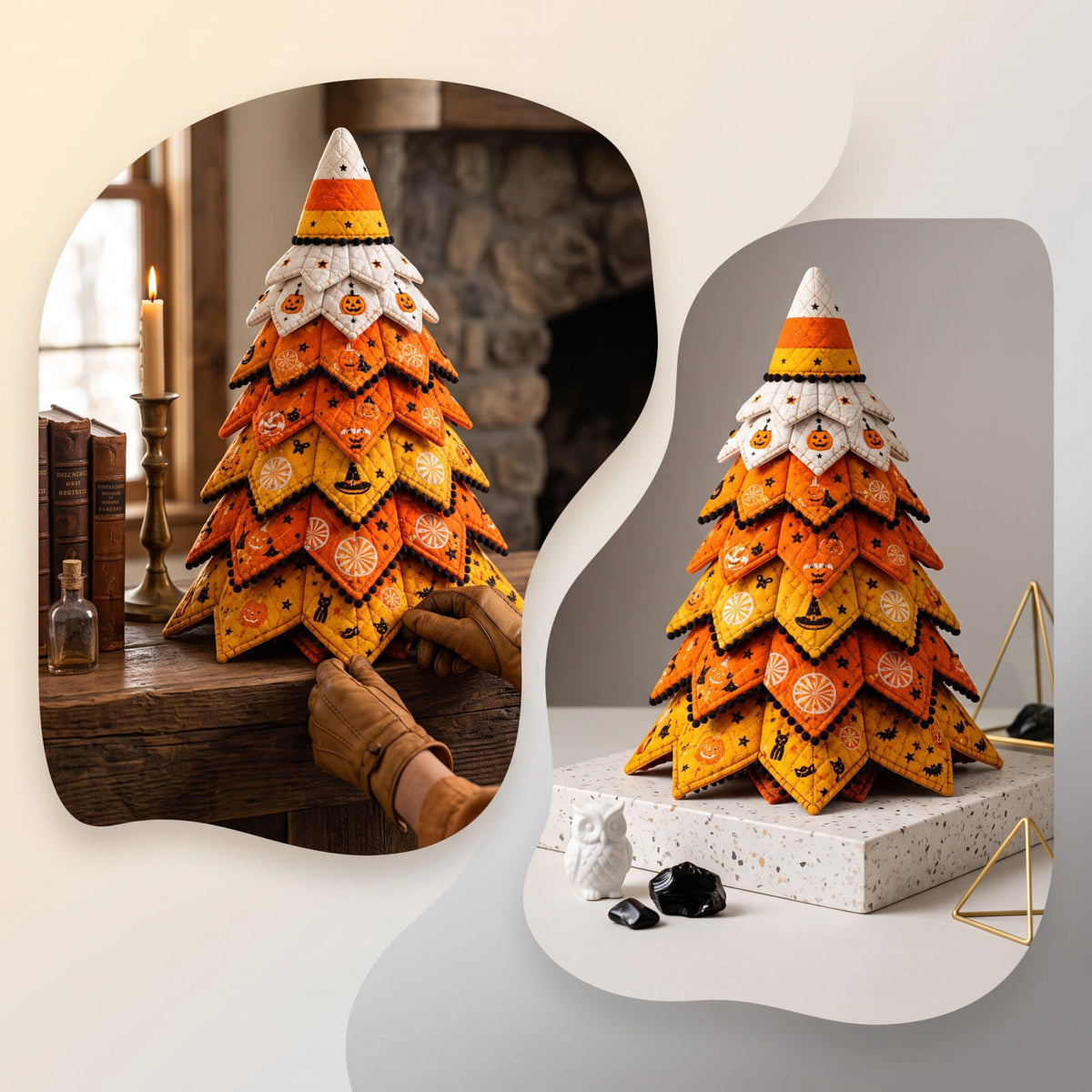 Halloween Fabric Trees - 11.8" DIY Halloween Quilted Fabric Tree Kit, Black Cat Pumpkin Witch Design, Sewing Patchwork Ghost Trees Holiday Table Mantel Decor, Handmade Gift for Craft Lovers