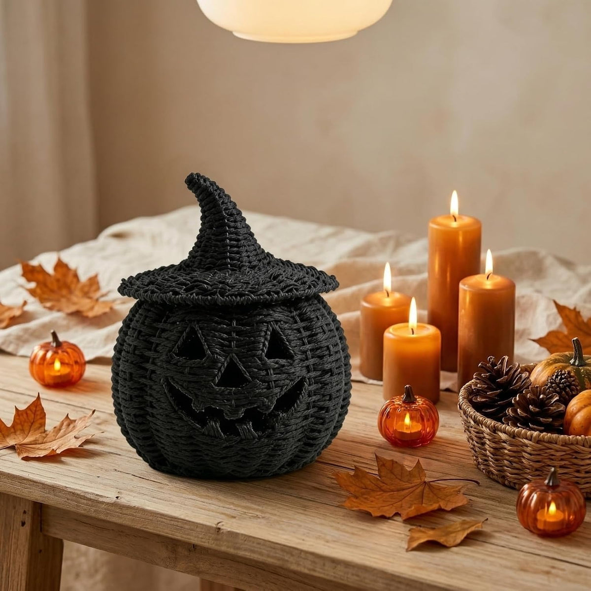 Halloween Woven Seagrass Pumpkin for Spooky Halloween Candy Storage and Home Decor, Black Handcrafted Witch Hat Woven Seagrass Lantern for LED Candy（B）