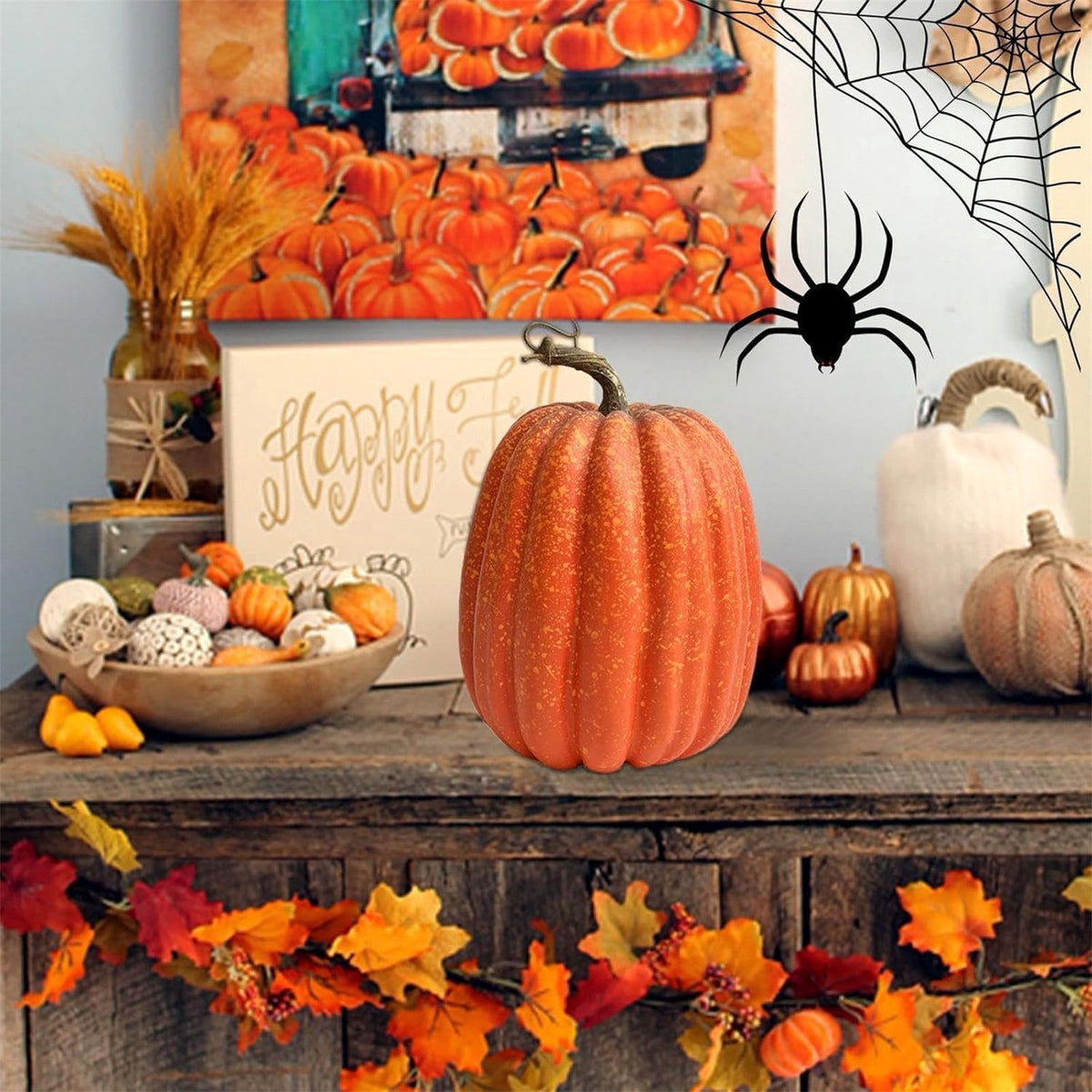 Richmoon 2 PCS 8 Inch Orange Pumpkins for Decorating - Large Artificial Foam Pumpkins for Fall Decor, Halloween, Thanksgiving, Paintable for DIY Crafts & Centerpieces