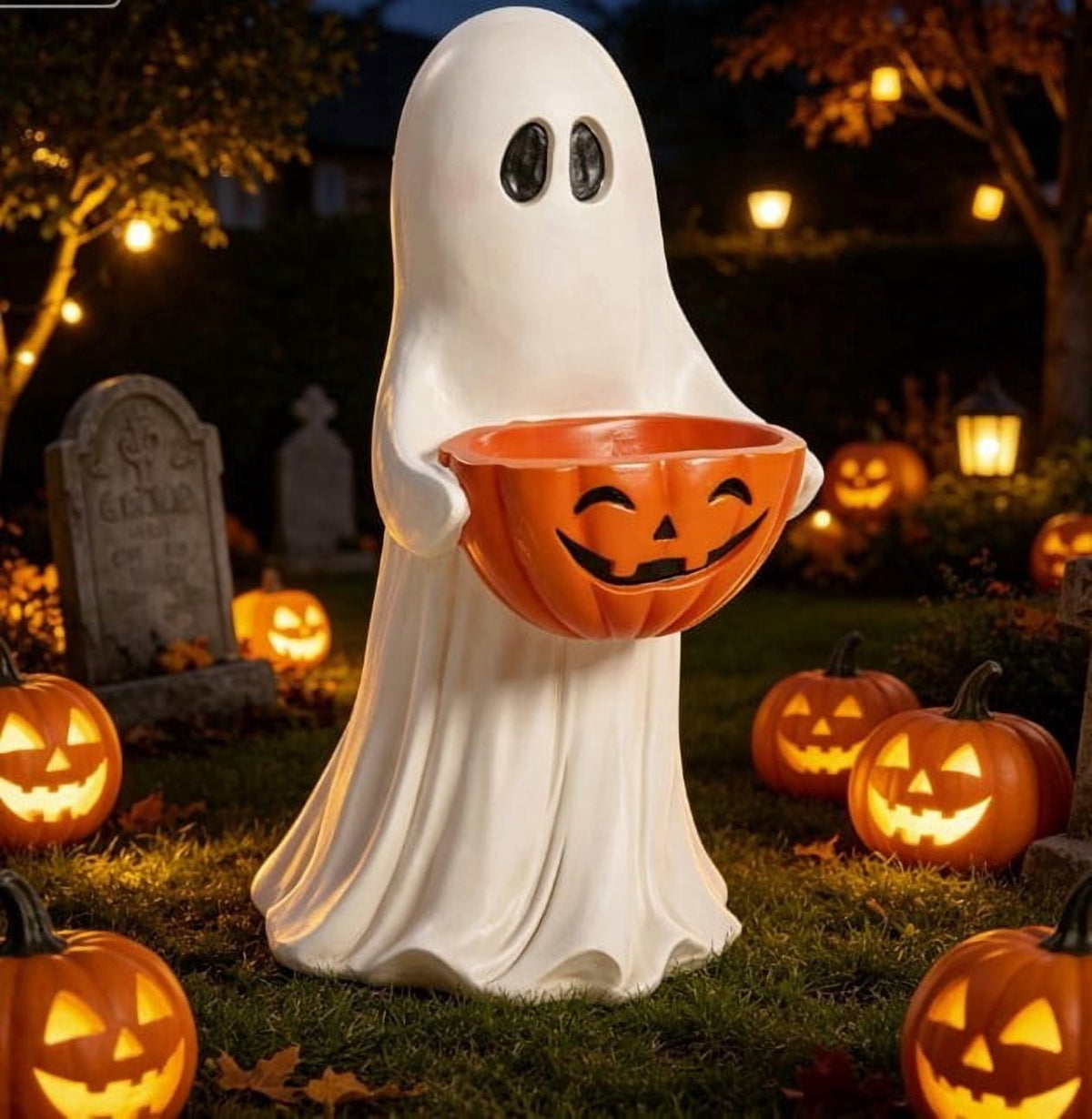 Homellea Ghost Figurine with Pumpkin Candy Bowl, 13.7 Inch Halloween Decorative Statue for Covered Porch, Entryway, Tabletop, Mantel, Shelf, Yard Display and Fall Home Decor Accent