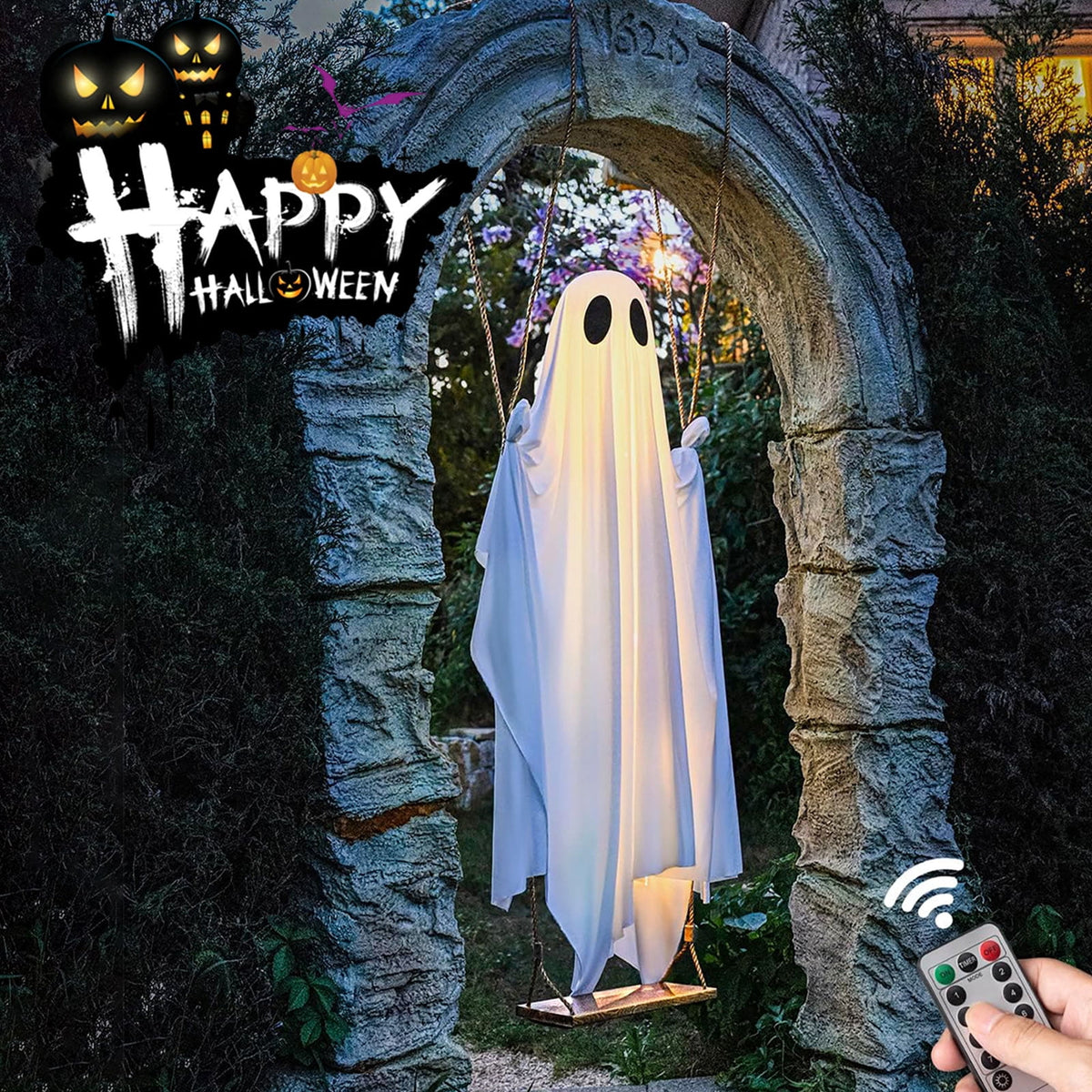 Halloween Decorations Outdoor - 5 FT Large Hanging Swing Halloween Ghost Decor with String Lights - Spooky Cute Ghosts Decorations for Front Porch Yard Tree