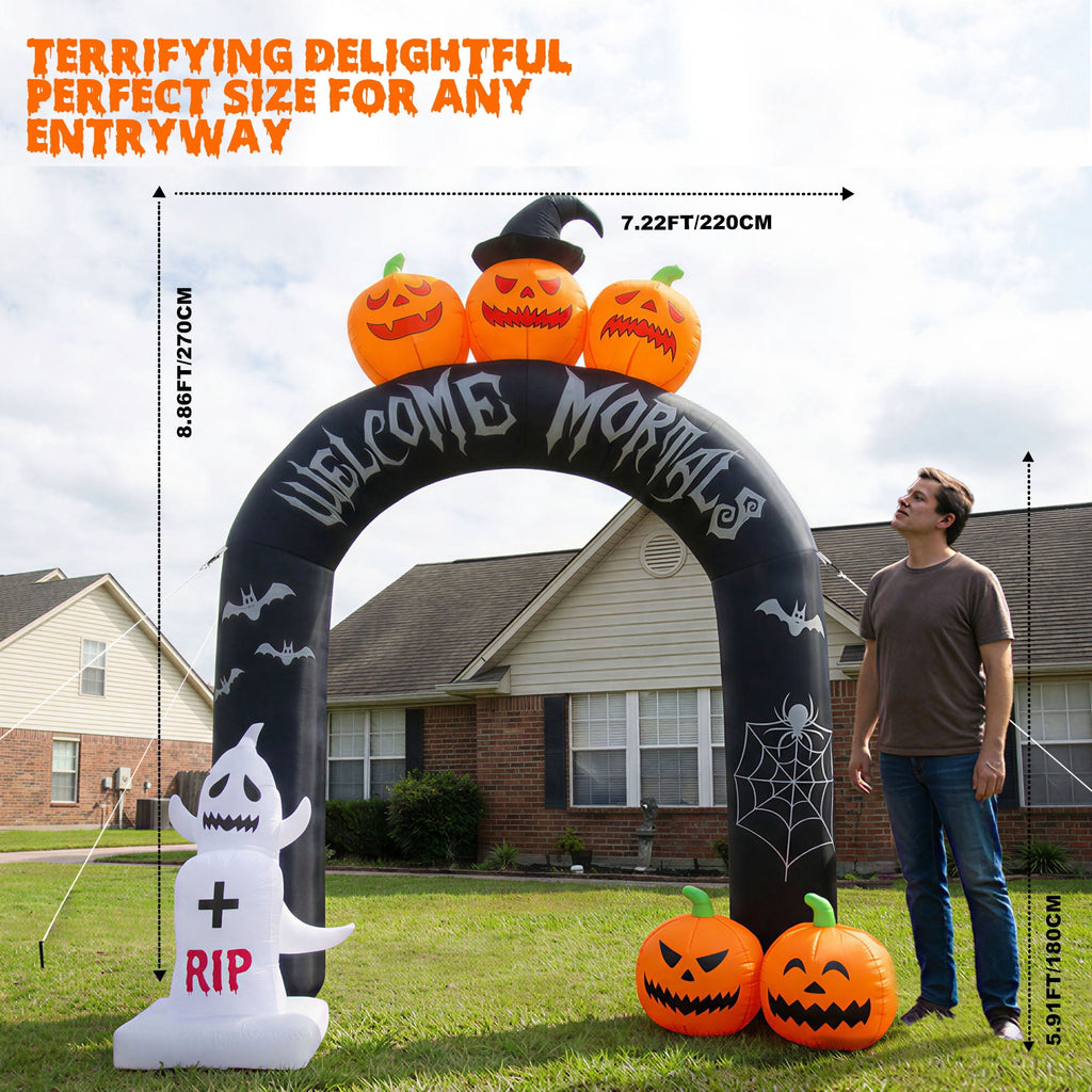 MAGOTAN 9 FT Halloween Inflatables Archway Outdoor Decorations Pumpkin Ghost Archway Halloween Inflatable Blow Up Pumpkin Tombstone Decoration Build-in LED Lights
