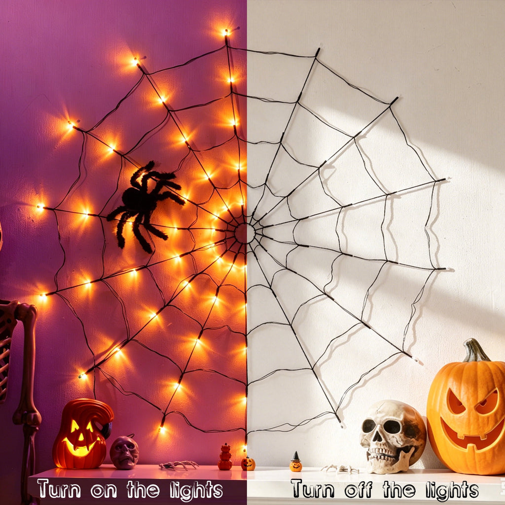 VOLIVO Halloween Spider Web Lights, 4FT Diameter 8 Modes Net Lights with Black Spider, Remote Control Waterproof for Indoor Outdoor (Purple)
