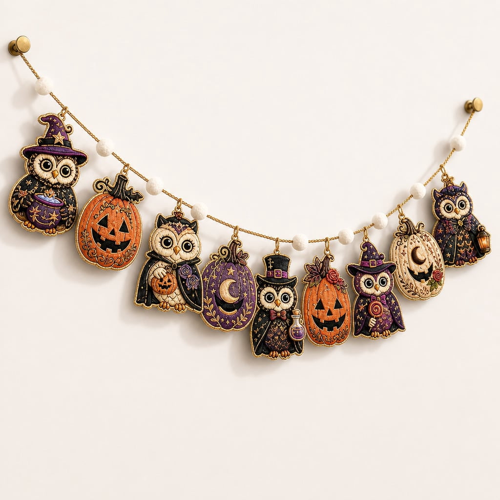 Garland Witch Owl Pumpkin Wooden Mantel Wall Hanging Halloween Home Decor