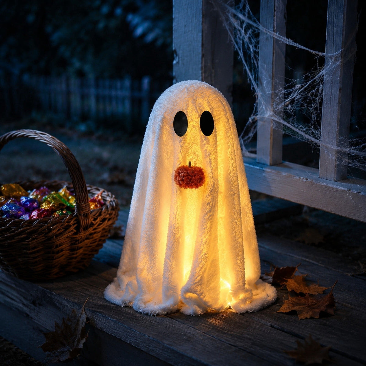Light Up Plush Ghost with Pumpkin Ornament, Cute White Fabric Ghost Decoration with Warm LED Light, Halloween Luminous Farmhouse Tabletop Decor for Mantel, Shelf and Home Display
