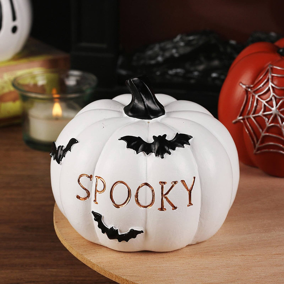Uanit Halloween Pumpkin Decoration Indoor with Spooky Bat Boo Spider Web Halloween Table Decor Resin Cute Pumpkin Ornament for Tabletop Garden Atmosphere Decoration
