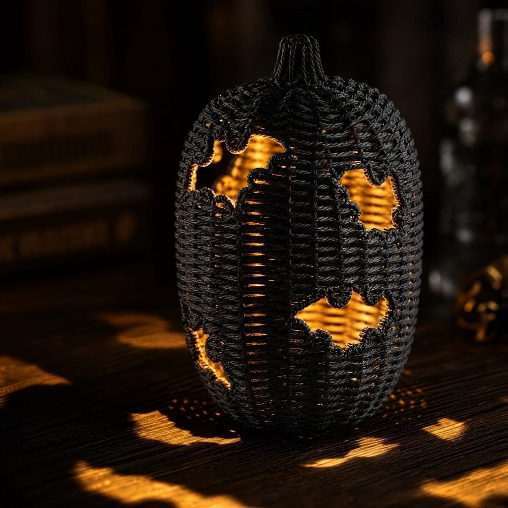 Aximioll Halloween Black Woven Jack-O-Lantern Pumpkin Decor, Hand Woven Rattan Wicker Style Statue, Trick or Treat Candy Bowl Lantern for Porch Entryway Fireplace Mantel Table, Black, 11 Inches