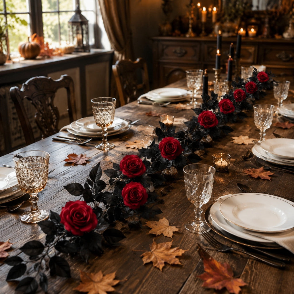 Clearance Gunhay Fall Decor Fall Decorations for Home, Black Decorations Halloween Garland, Fall Wall Hanging Rose Leaves, Artificial Black Rose Leaf Vine, Halloween Decorations for Home
