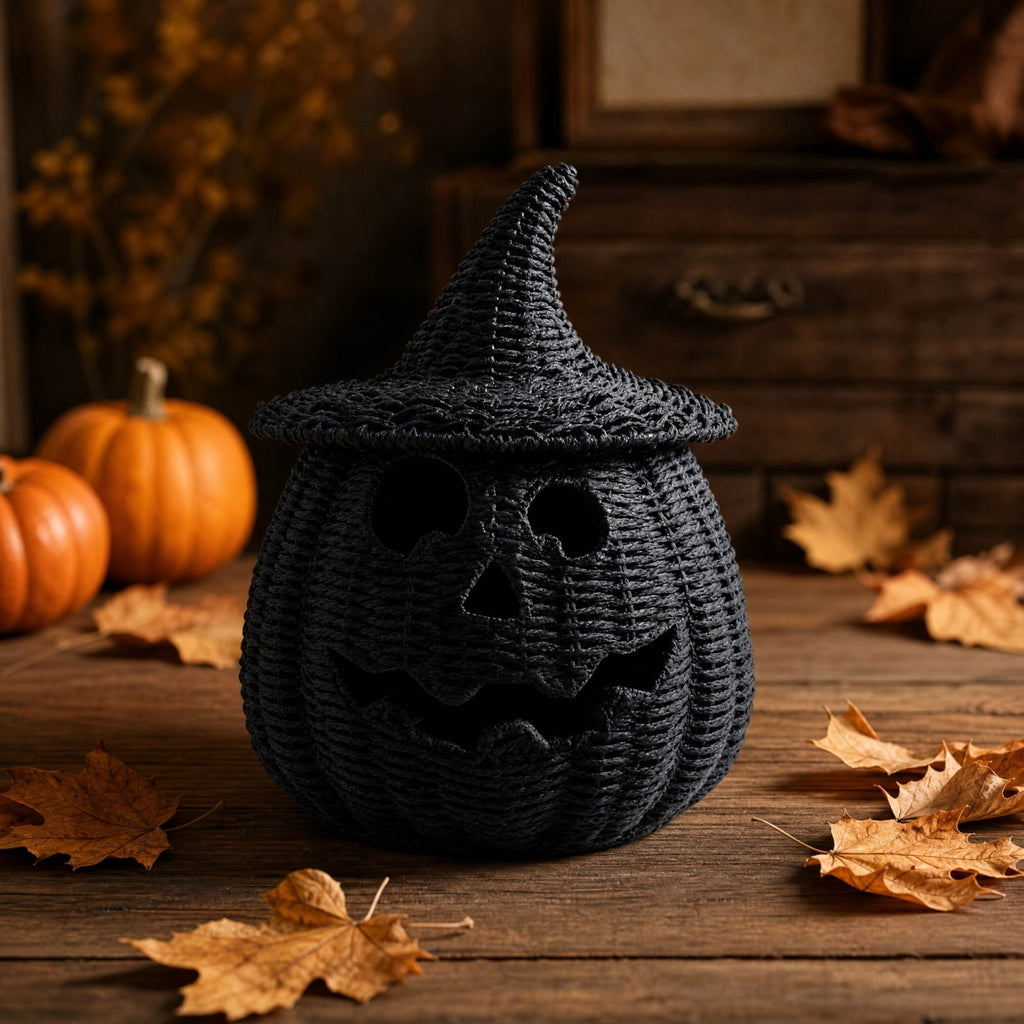 Black Woven Pumpkin Basket with Witch Hat Cover Lid, 11" Halloween Jack-O-Lantern Woven Container, Handcrafted Rattan Pumpkin Tabletop Centerpiece for Home Office Halloween Party Table