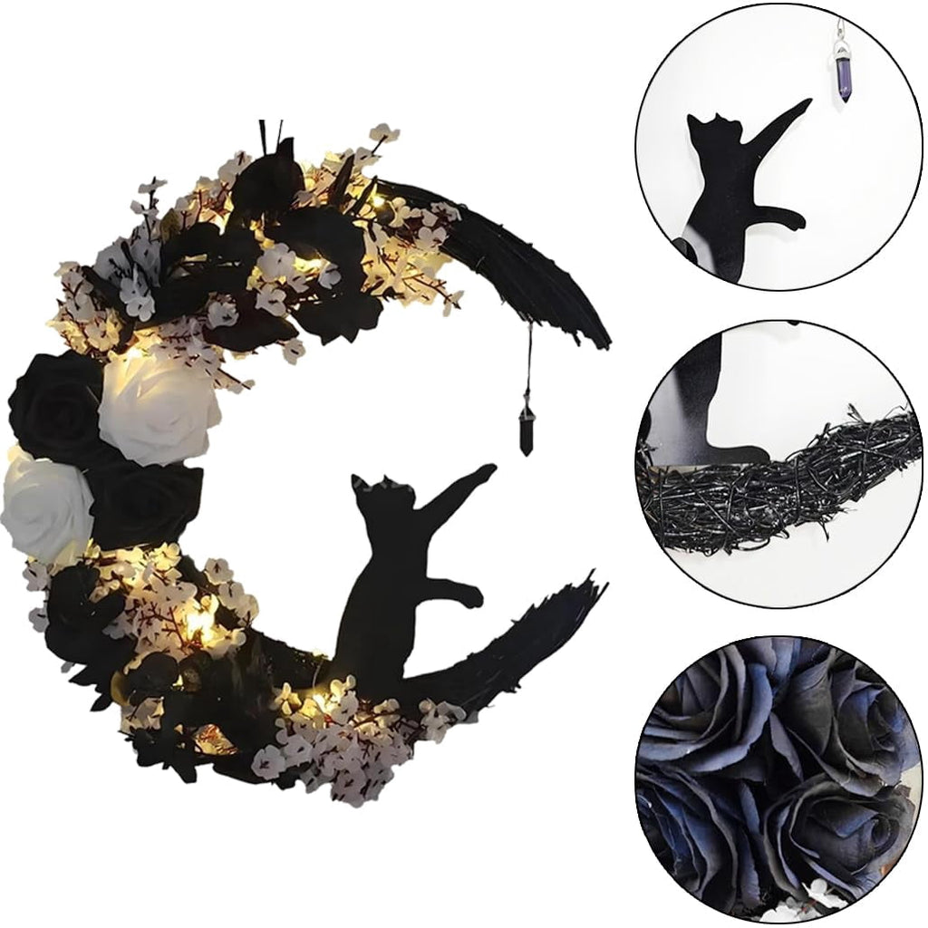 14" Halloween Wreath for Front Door Halloween Moon Cat Wreathr with Rose Floor for Home Decoration Cat Moon Hanging Wreath Decoration for Home Party Indoor Outdoor