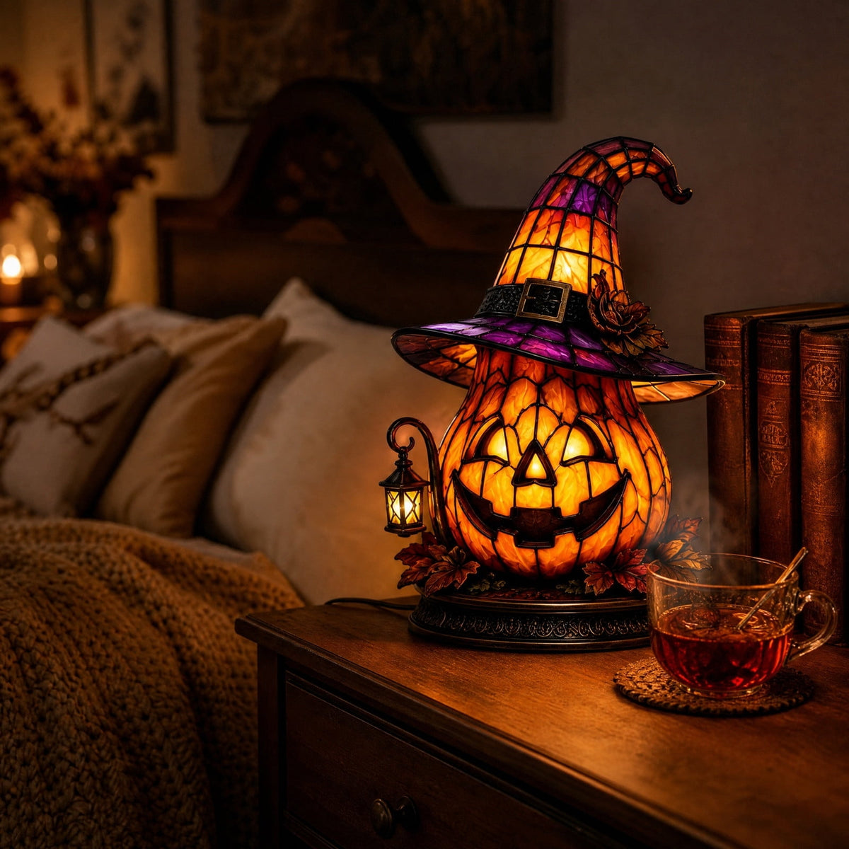 Halloween Pumpkin Night Light With Witch Hat Acrylic LED Tabletop Ornament, Spooky Glowing Figurine for Home Party Bedroom Holiday Decoration