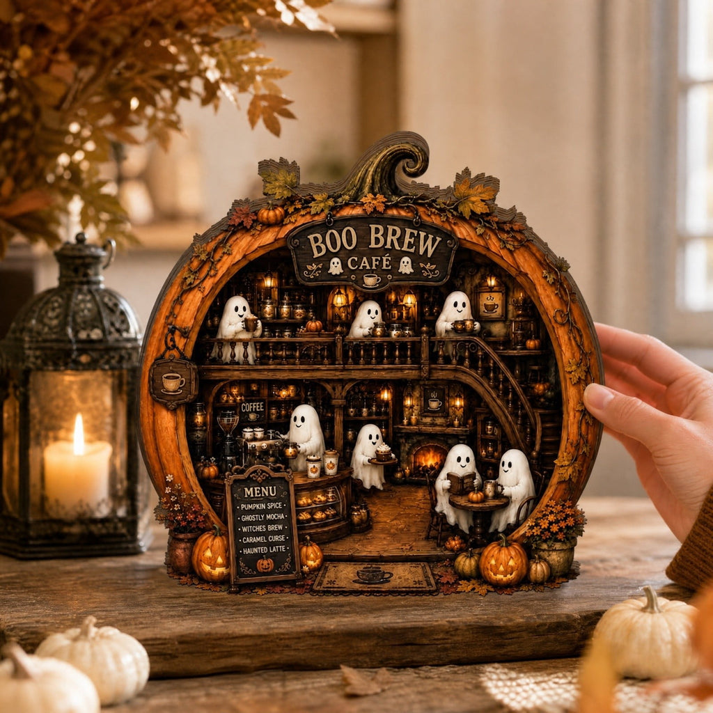 Halloween 2D Wooden Decoration, Ghost Pumpkin Cafe Tabletop Decor with Spooky Tavern Scene Design, Halloween Home Decor for Shelf Mantel Desk Display, Fall Decor and Seasonal Home Decorations