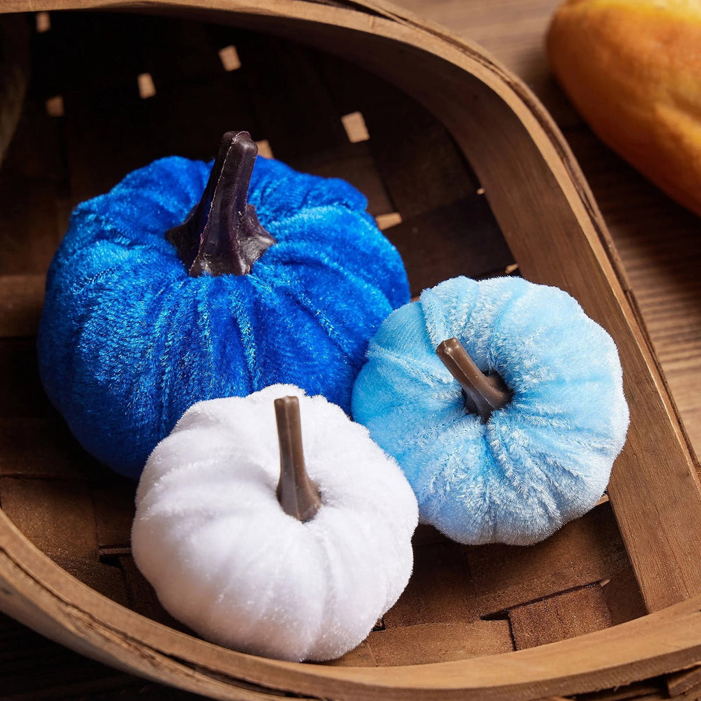 Bazyrey Velvet Pumpkins Fake Mini Pumpkin,Halloween Decor 12pcs Artificial Fake Velvet Pumpkins Decoration for Fall(Blue+White),Happy Halloween Thanks Giving Day Autumn Decorations