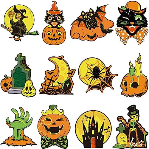 Containlol 12 Pcs Halloween Cutouts Vintage Pumpkin Witch Owl Wall Art
