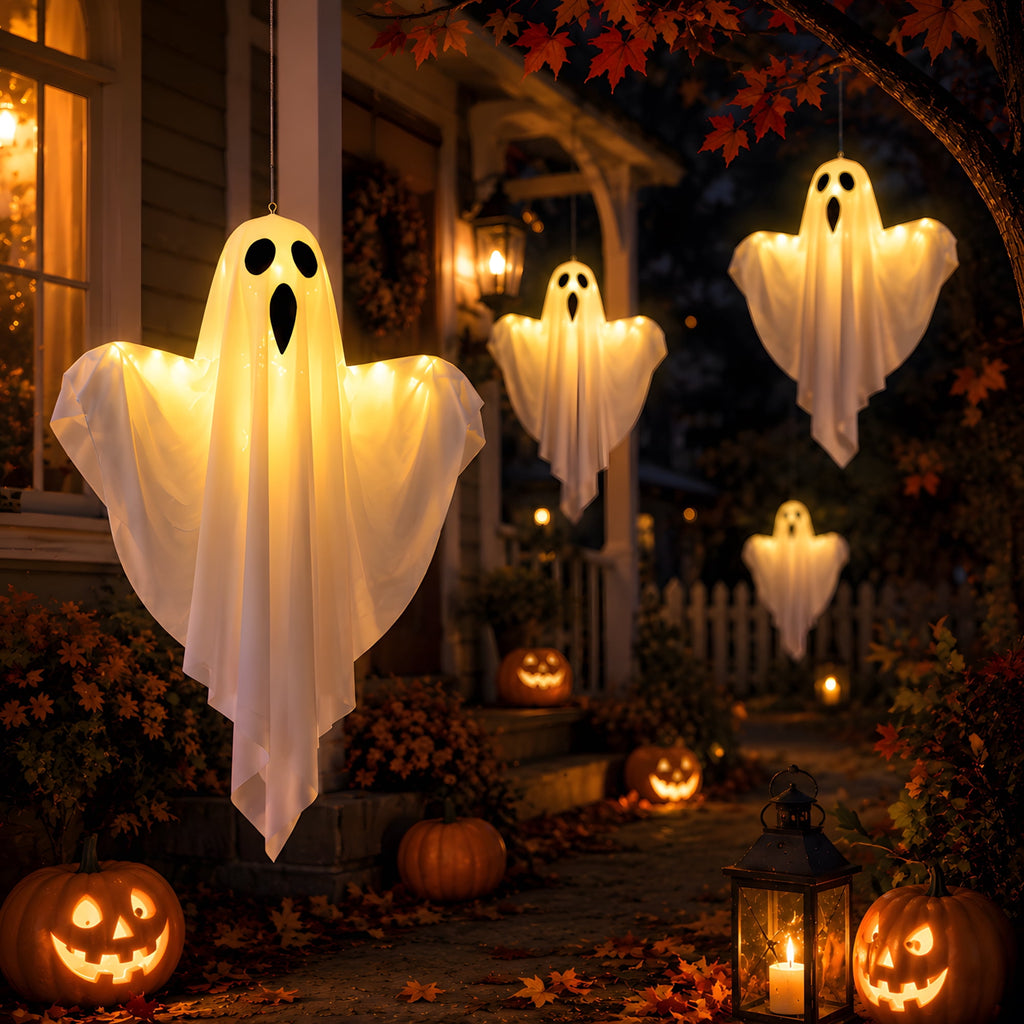 DAYBETTER Halloween Hanging Ghosts Decoration, LED White Ghost Light Up Kit Decor with adjustable arms for Indoor Outdoor Garden Yard Porch Scary Cute Halloween Ghost Decor Gifts (2 Pack)