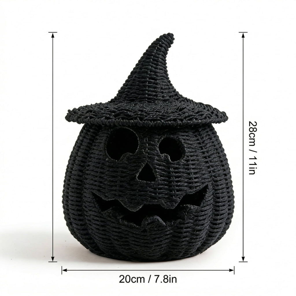 Aximioll Halloween Black Woven Jack-O-Lantern Pumpkin Decor, Hand Woven Rattan Wicker Style Statue, Trick or Treat Candy Bowl Lantern for Porch Entryway Fireplace Mantel Table, Black, 11 Inches