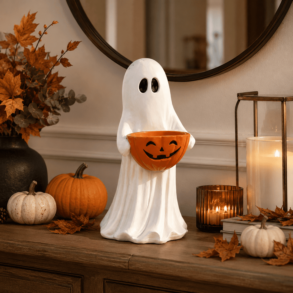 Clearance! Halloween Ghost Statue with Pumpkin Candy Bowl, 13.7 Inch Outdoor Ghost Figurine, Halloween Candy Holder Decoration for Porch Yard Patio Indoor Decor