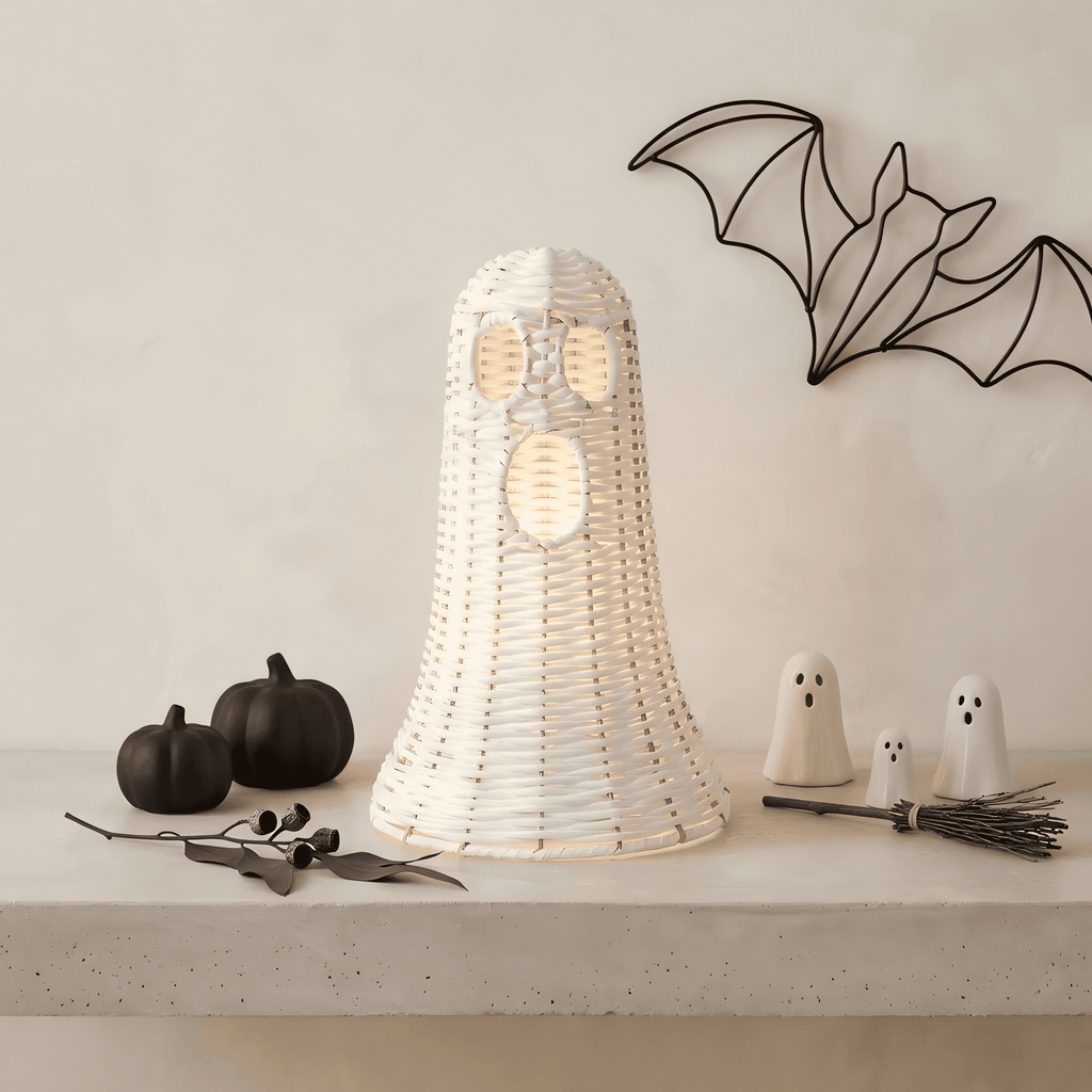 Guvpev 12" Handcrafted Woven Ghost - White Faux Rattan & Metal Ghost Figurine, Halloween Spooky Table Centerpiece & Fall Porch Decor for Indoor Outdoor