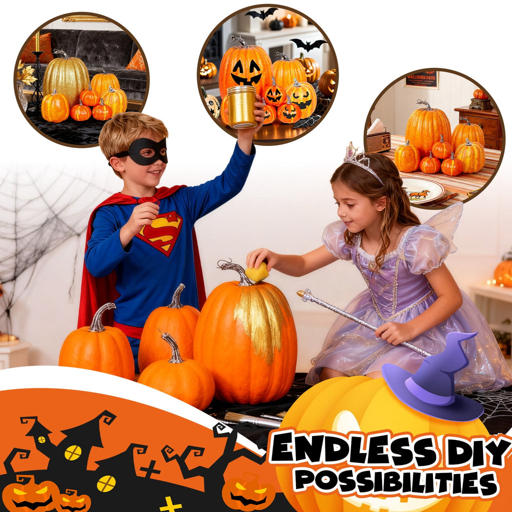 YOYTOO 7 Pcs Artificial Fake Pumpkins Fall Decoration, 4 Sizes, DIY Foam Pumpkins for Halloween Autumn Harvest Thanksgiving Table top House Dining Table Party Decoration (Orange)