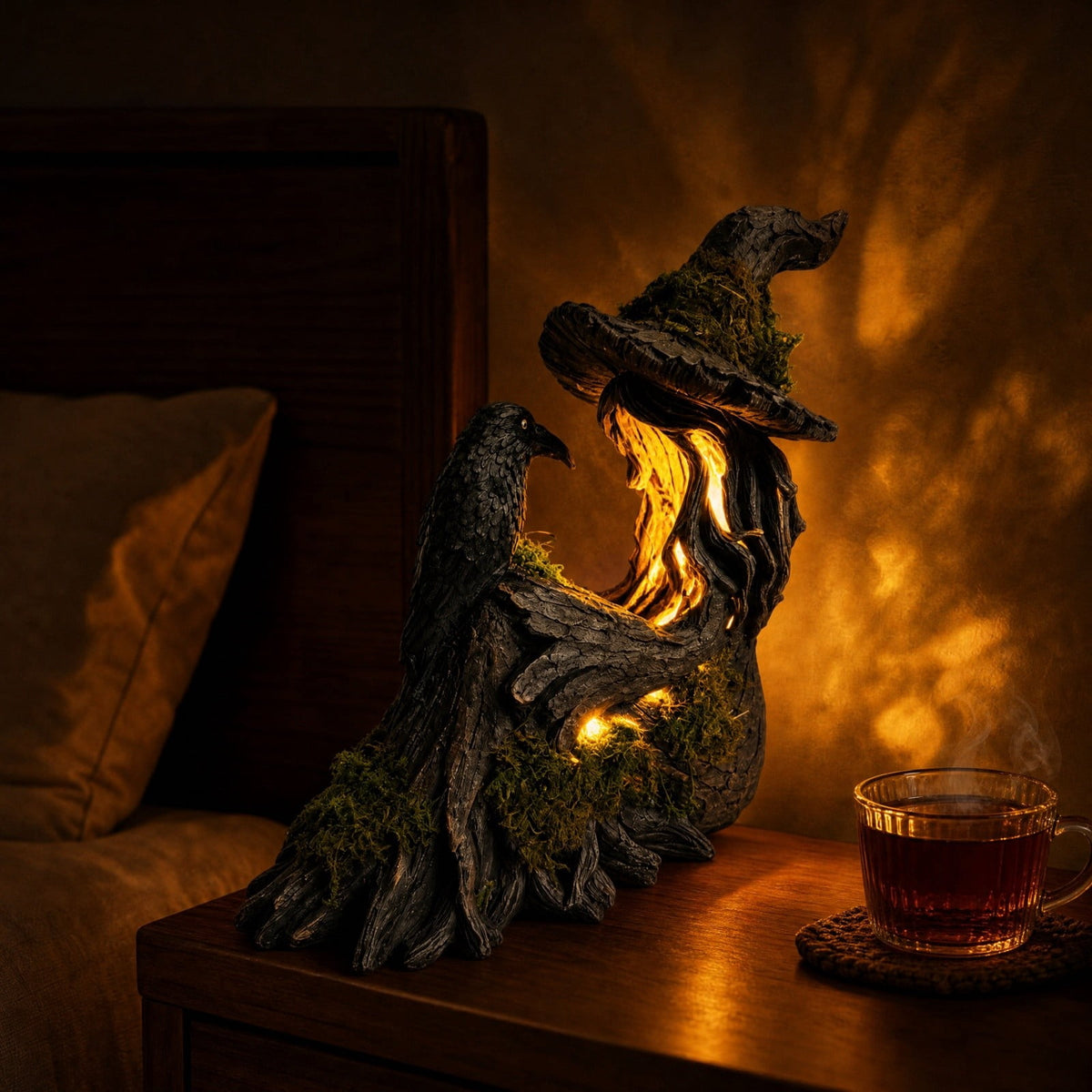 2026 New Halloween Mossy Tree Witch With Crow Light Up 7" Resin Figurine Rave Mantel Shelf Party Decorations