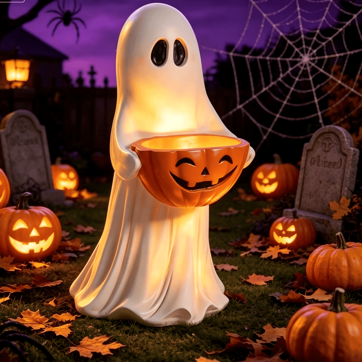 Halloween Ghost Candy Bowl Statue, 13.7" Resin Ghost Figurine Holding Pumpkin Candy Bowl, Outdoor Halloween Decorations for Front Porch, Indoor Yard Lawn Entryway Decor, Trick or Treat Candy Holder