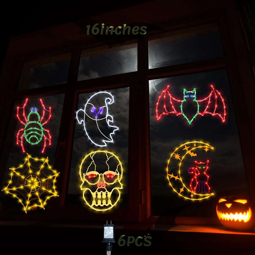 16" Halloween Window decorate Plug Light Ghost Cat on Moon Skull Head Pumpkin door decor-4 Pack Halloween Window lights