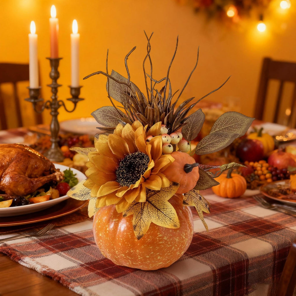 Pumpkin Decor with Artificial Flower Sunflowers Fall Decorations for Home Tabletop Kitchen Party Thanksgiving Harvest