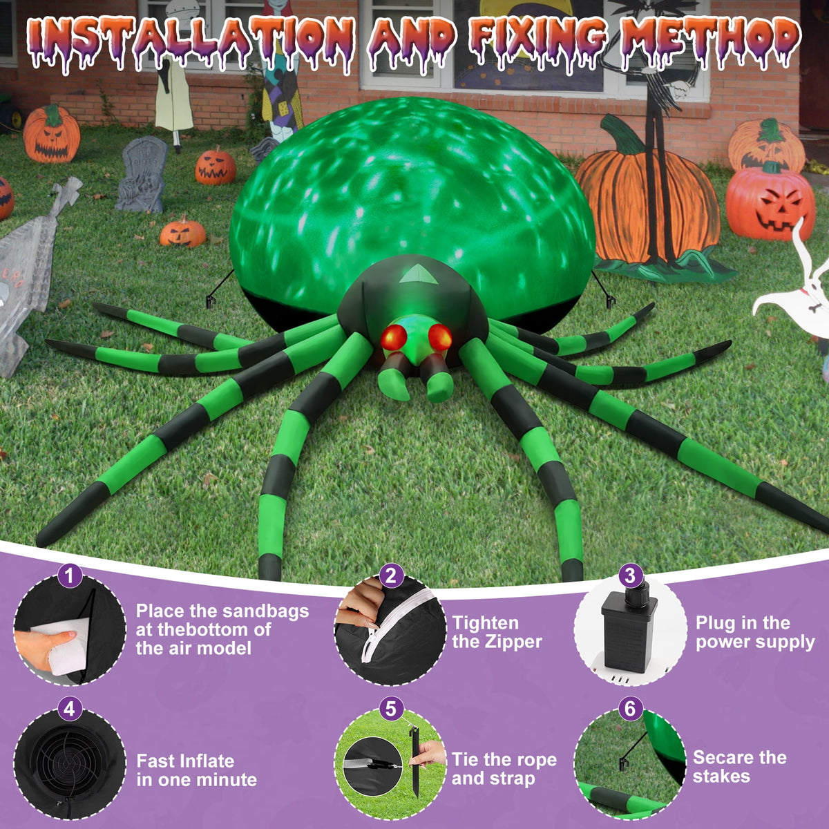 Yexmas 8FT Halloween Inflatables Outdoor Decorations Giant Spider Decorations with LED Lights and Air Pump Blow up Inflatable, Purple