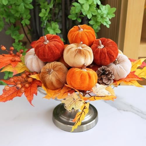 12 Piece Faux Fall Harvest Velvet Pumpkins 3 Inch Rust Orange Champagne Gold