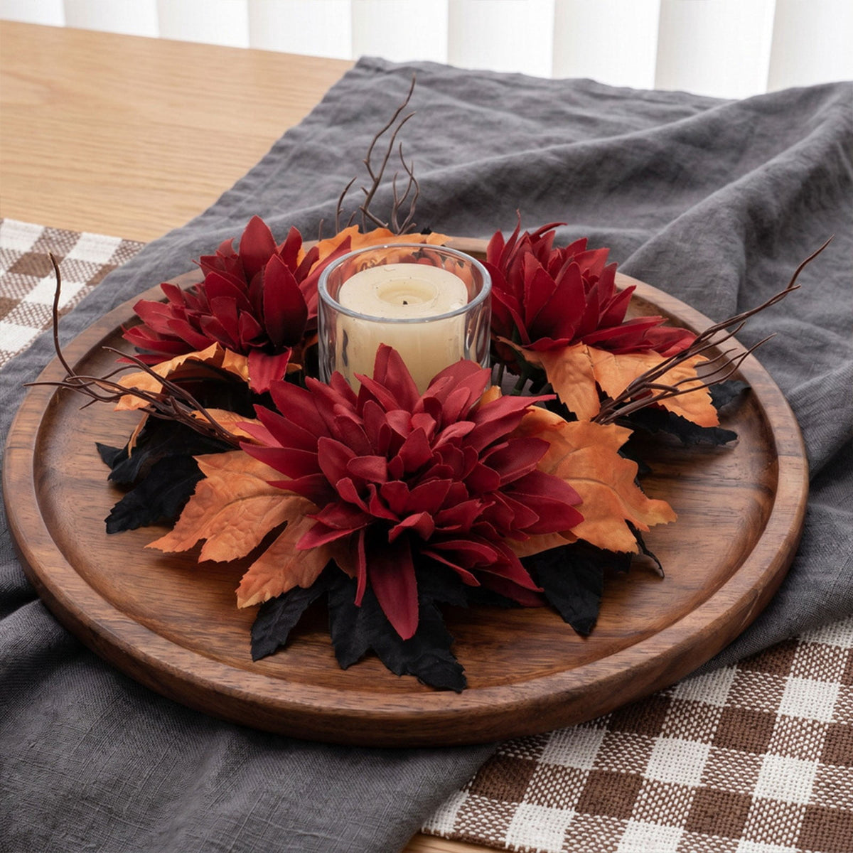 Fall Candle Ring,Artificial Maple Leaves Pumpkins Decorative Wreaths,Berry Wreath for Pillar Candle Holder,Candle Ring for Halloween Centerpieces and Farmhouse Table Decor,7.48 inch(Pink)