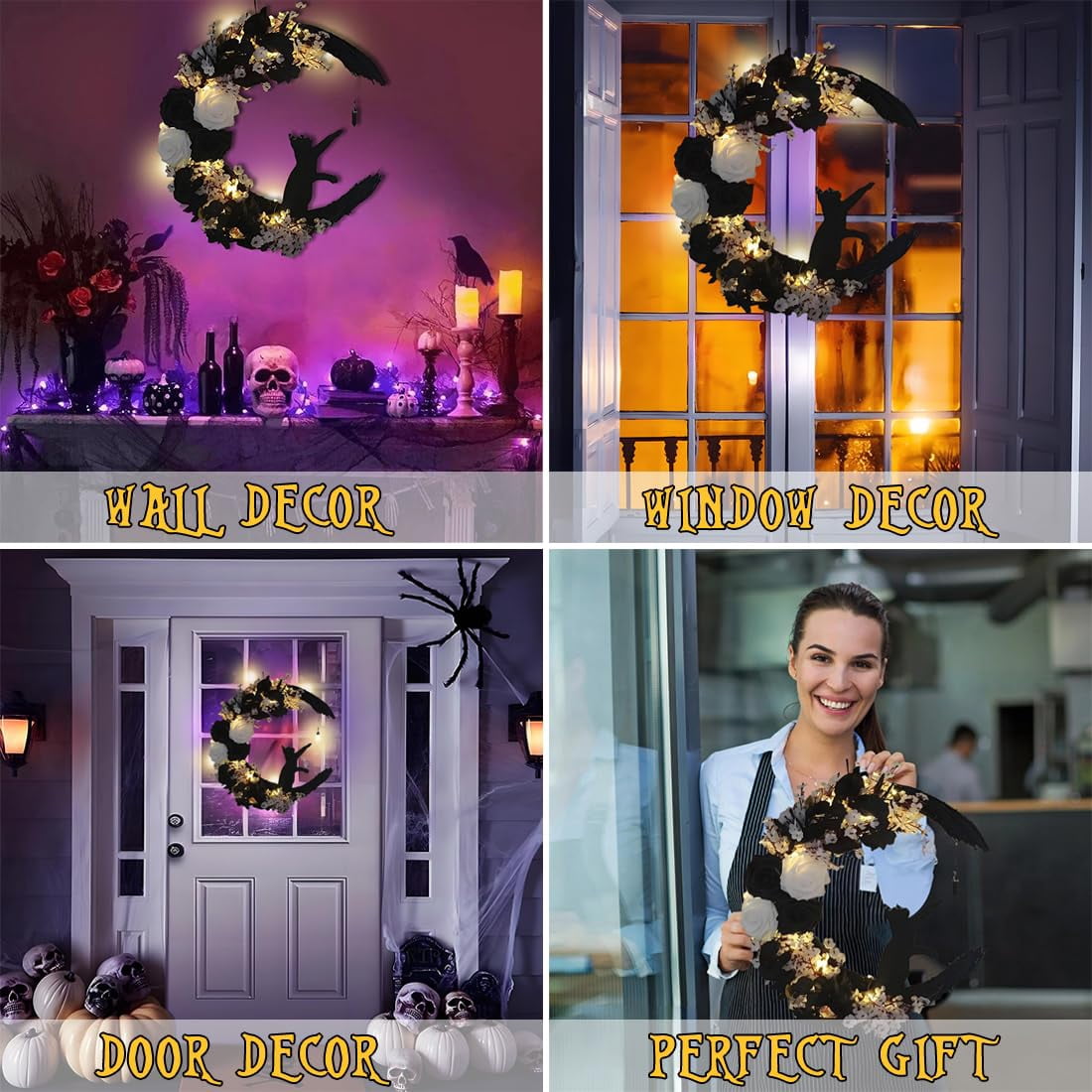 14" Halloween Wreath for Front Door Halloween Moon Cat Wreathr with Rose Floor for Home Decoration Cat Moon Hanging Wreath Decoration for Home Party Indoor Outdoor