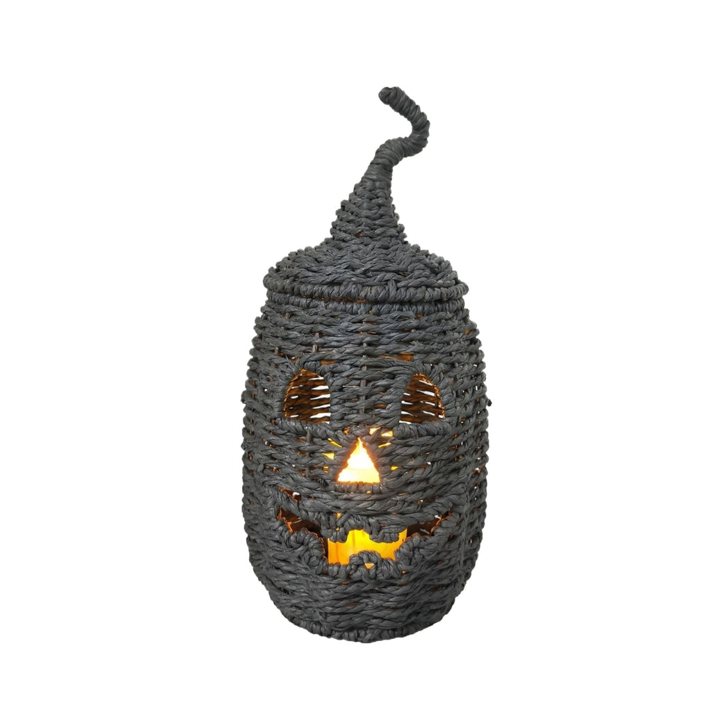 Aximioll Halloween Black Woven Jack-O-Lantern Pumpkin Decor, Hand Woven Rattan Wicker Style Statue, Trick or Treat Candy Bowl Lantern for Porch Entryway Fireplace Mantel Table, Black, 11 Inches