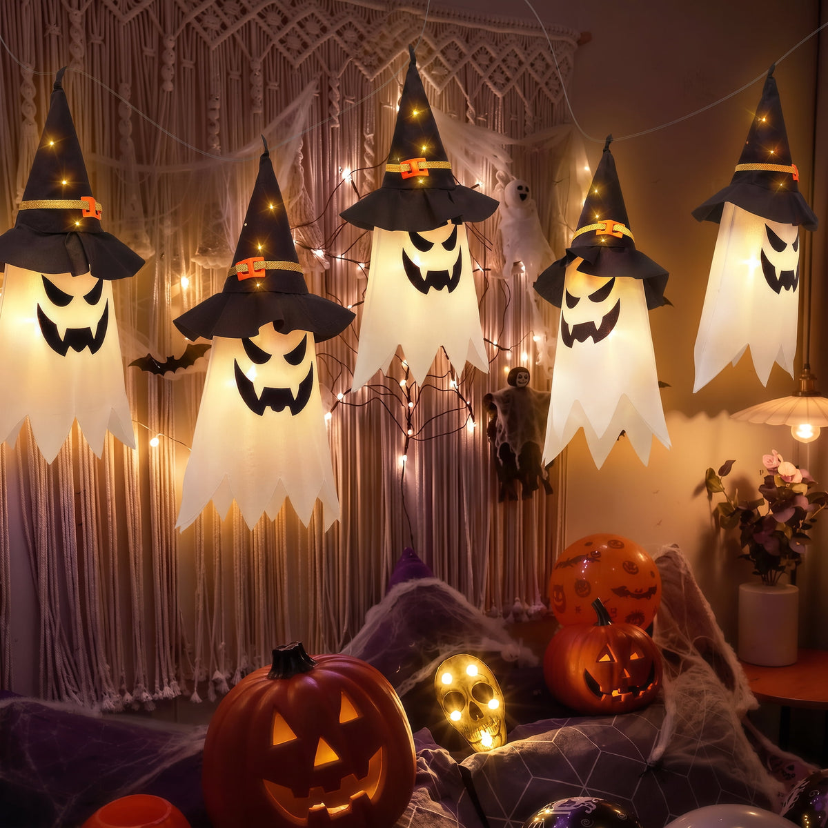Scidweet Halloween Decorations Indoor Outdoor, 5 Pcs Halloween Lights Glowing Ghost Witch Hat Ornaments Gifts for Home Garden Yard
