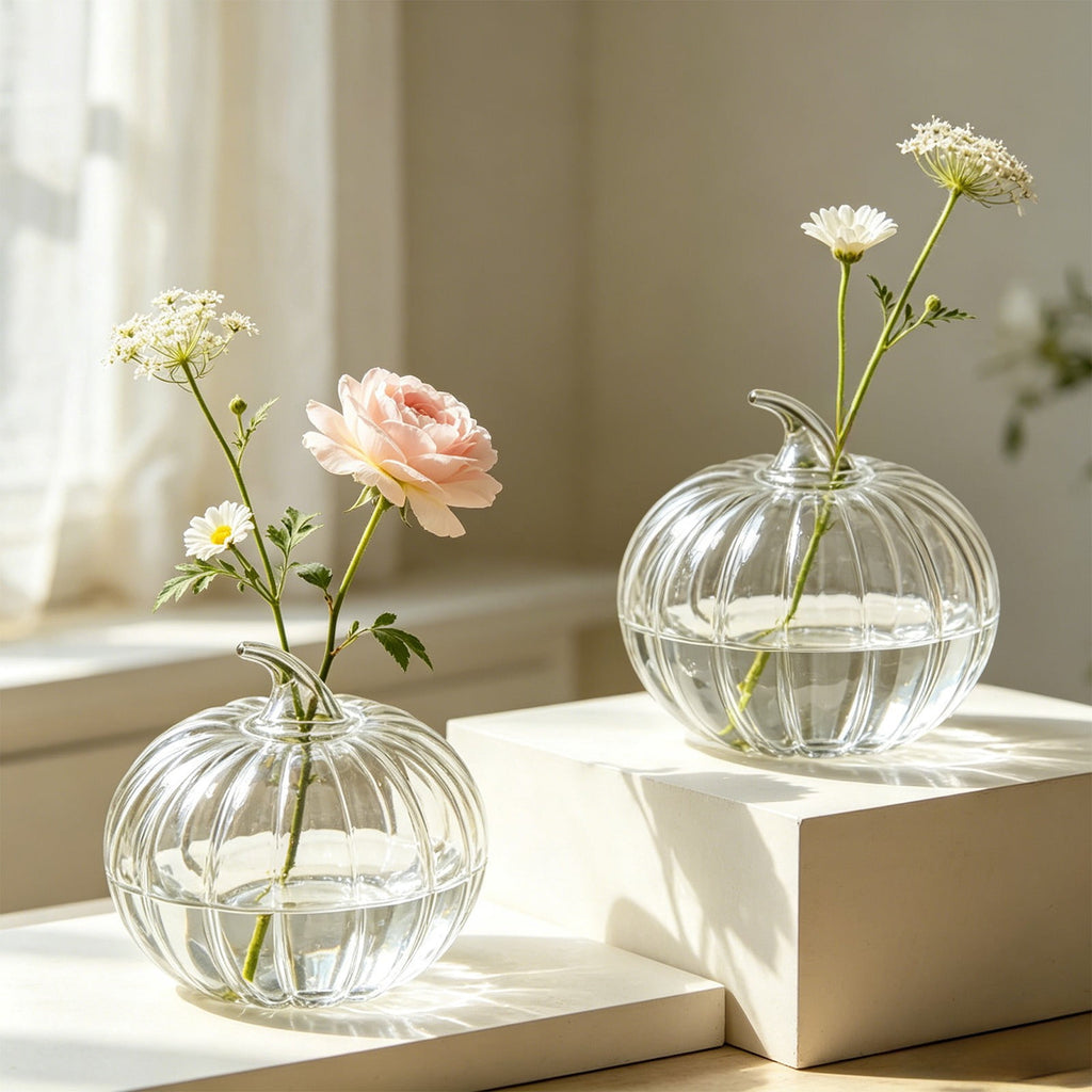 SLYNSHome Striped Glass Pumpkin Shaped Vase, Mini Hydroponic Flower Container,Clear Decorative Pumpkin Glass Centerpiece For Fall Thanksgiving Indoor Tabletop Home Decor