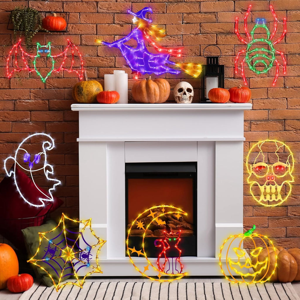 16" Halloween Window decorate Plug Light Ghost Cat on Moon Skull Head Pumpkin door decor-4 Pack Halloween Window lights