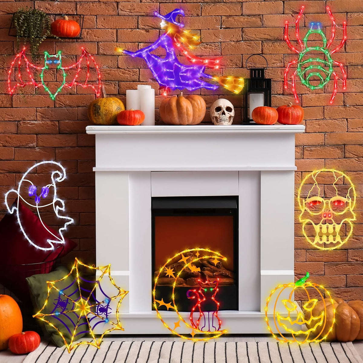 16" Halloween Window decorate Plug Light Ghost Cat on Moon Skull Head Pumpkin door decor-4 Pack Halloween Window lights