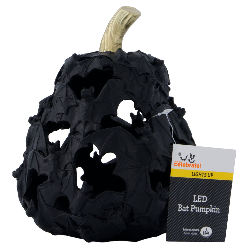 Light-Up Resin Bat Pumpkin Decoration, Black, 7.7", Halloween by Way To Celebrate