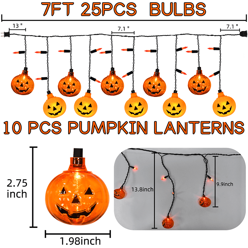 7Ft Halloween Pumpkin String Lights, Halloween Decorations Lights with 10 LED Colorful Pumpkin Lights 15 Orange Bulbs, Hanging Fairy Lights for Outdoor Curtain Garden Porch Bar Party Bedroom Decor