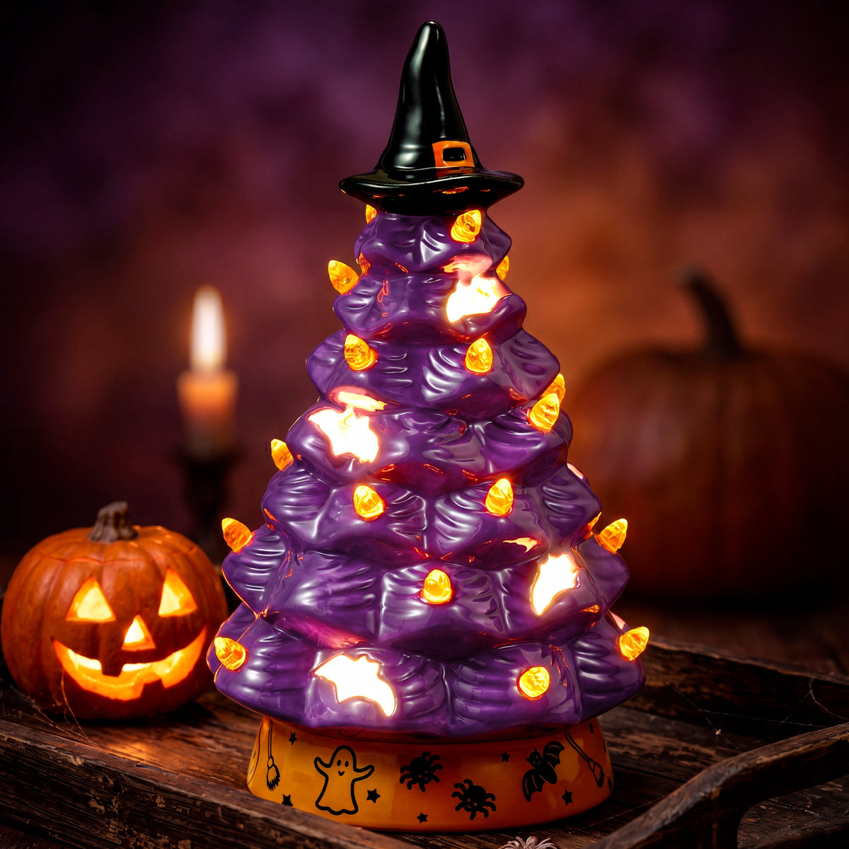 Joyfy 8.5 inch Halloween Decorations Ceramic Gnome Tree Decorations with Build-in LEDs,Light Up Pumpkin Table Decor Bedroom Indoor Centerpieces for Tables