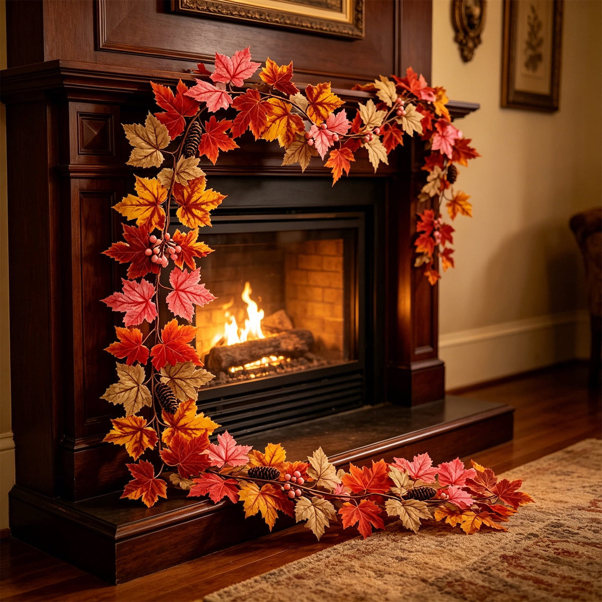 Fall Maple Leaf Front Door Wreath, Multicolor Plastic Seasonal Wreath for Halloween Thanksgiving Christmas Indoor Wall Fireplace Home Decor, 9.84 Inch