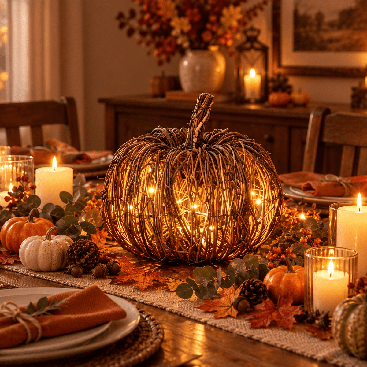 Kuokaa Lighted Fall Rattan Wicker Pumpkin Table Decor with Warm LED Glow, Woven Halloween Tabletop Decoration for Mantel, Entryway and Window Display