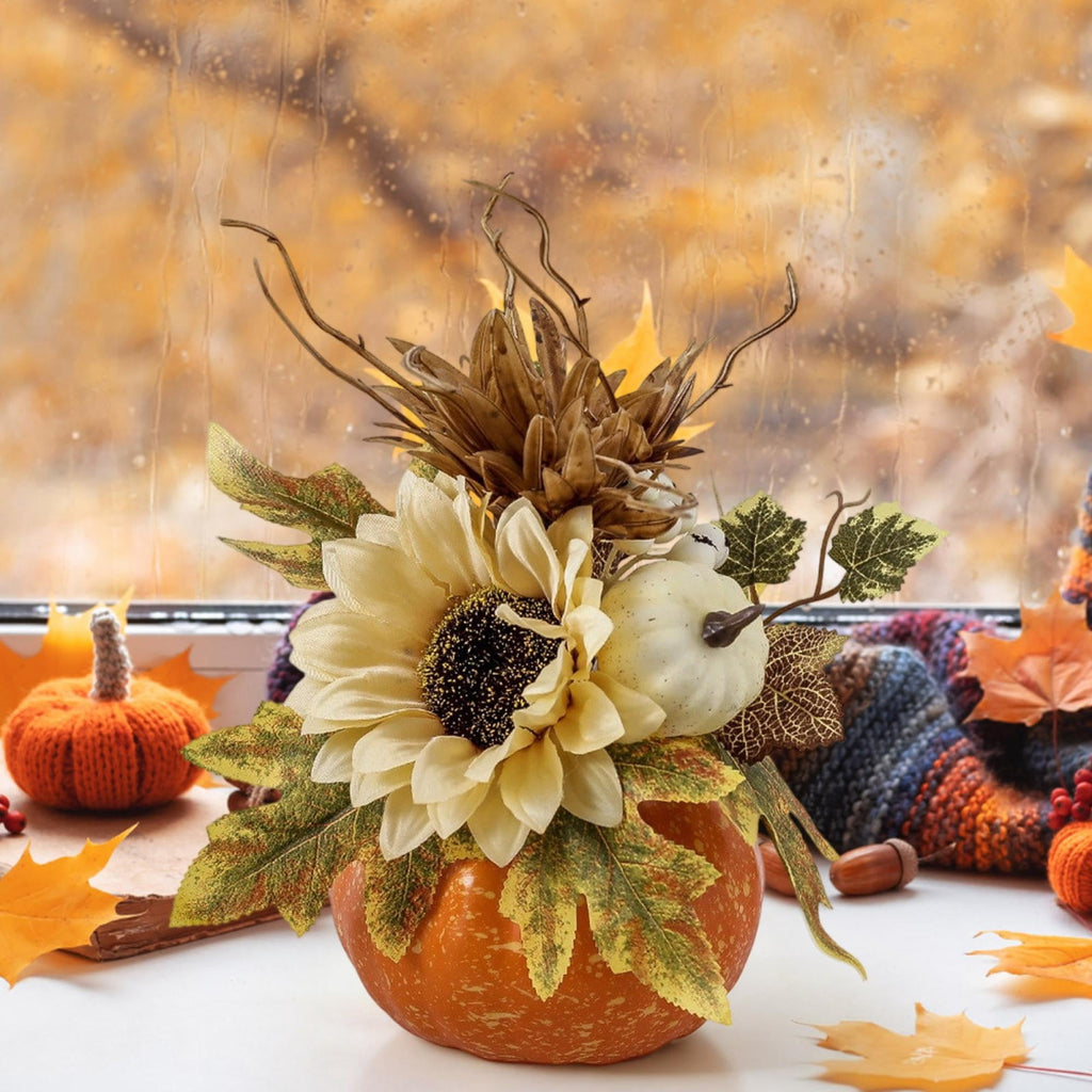 Pumpkin Decor with Artificial Flower Sunflowers Fall Decorations for Home Tabletop Kitchen Party Thanksgiving Harvest