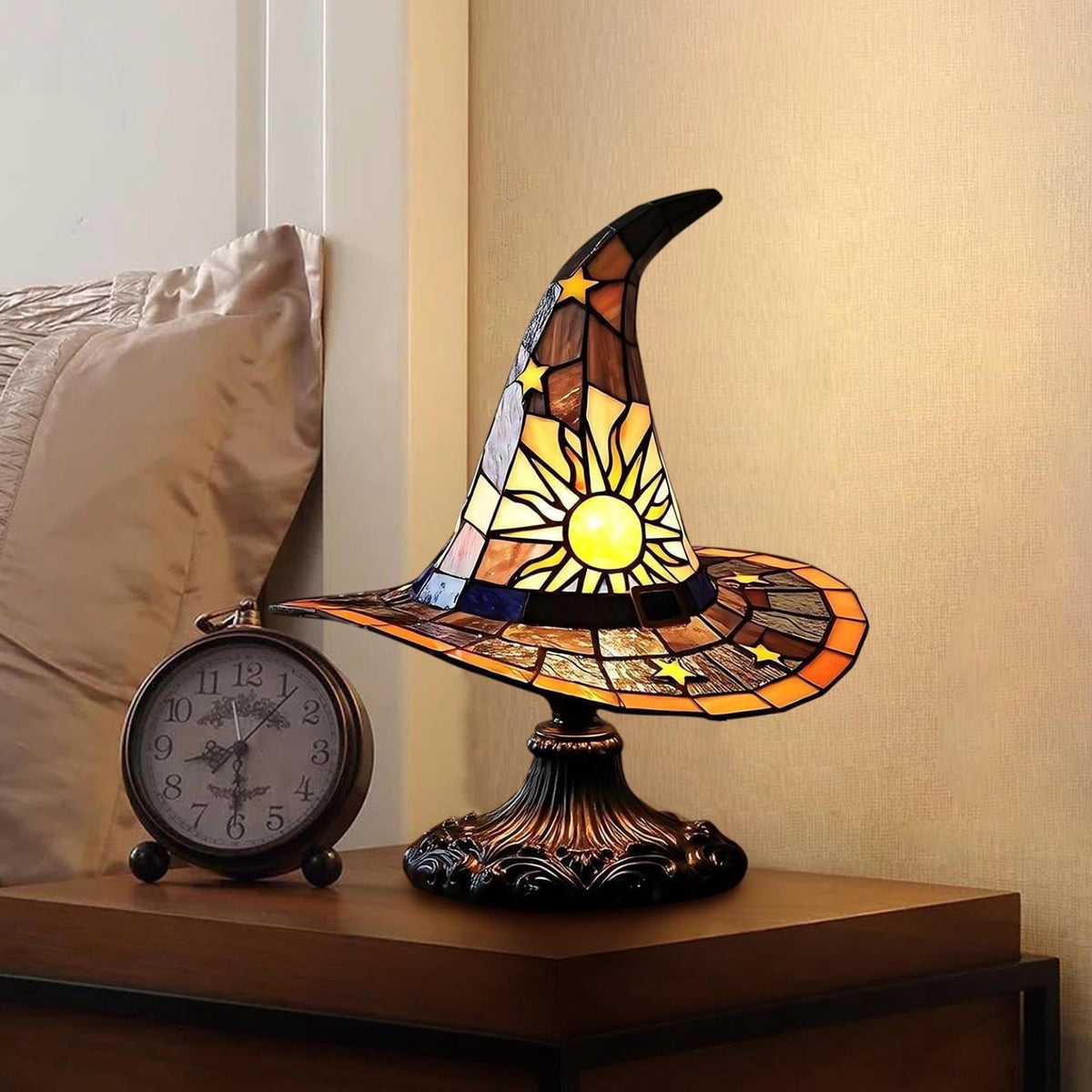 Guodhu Witch Hat Table Lamp Halloween Glowing Resin Ornament Mini Night Light for Bedroom Shelf Spooky Decor with LED(Multicolor)