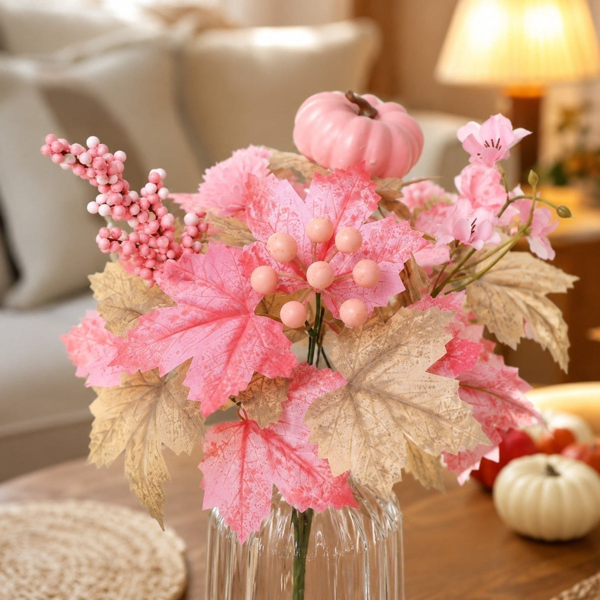 Artificial Flower Pumpkin Picks for Halloween Decoration, 11.8in Autumn Harvest Floral Stems, Decorative Vase Fillers for Home Party Table Centerpiece DIY Yellow Green
