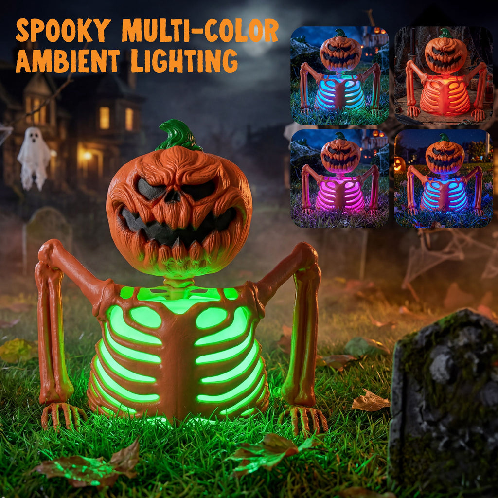 Joyfy Halloween LED Light Up Skeleton Pumpkin Table Decor,Multicolor Lighted Pumpkin Skeleton Ornament Indoor Outdoor Desk & Party Tabletop Decoration Supplies