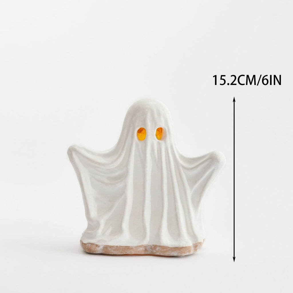 Halloween Ghost Figurine, Resin Lighted Ghost Ornament with Pumpkin Lantern & Beverage Cup, Tabletop Halloween Indoor Decor