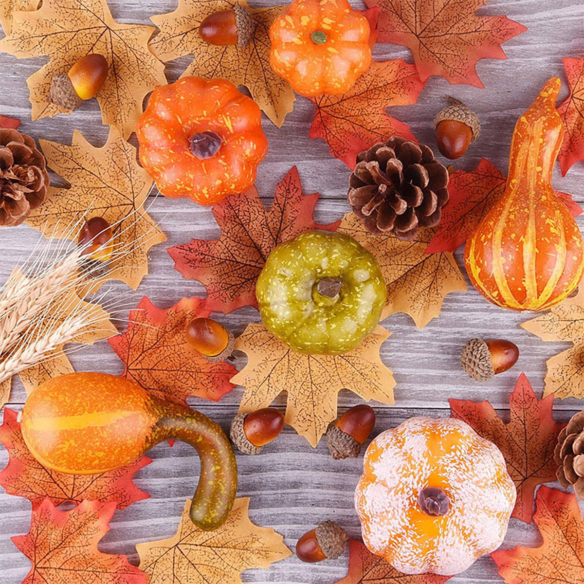 50PC Fall Artificial Pumpkin Decoration Set, Simulation Pumpkin Decor with Pinecone, Maple Leaf and Gourd, Fake Pumpkin Fall Table Decor, Thanksgiving Table Centerpieces for Wedding Party