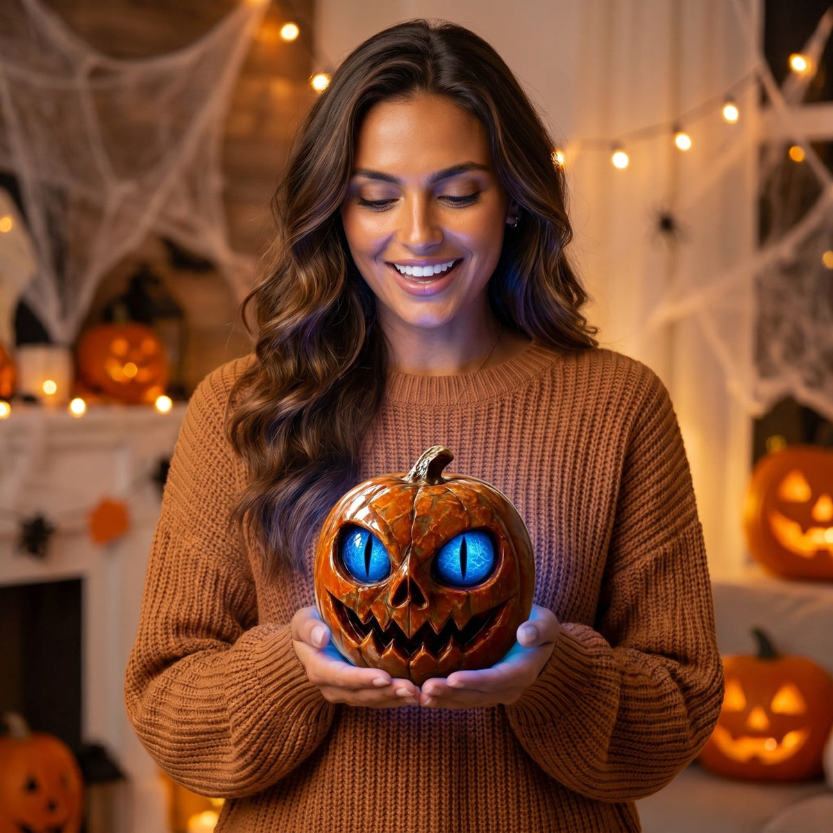 Halloween Scary Jack O Lantern Pumpkin Statue with Color Changing LED Eyes Spooky Tabletop Yard Decor Prop