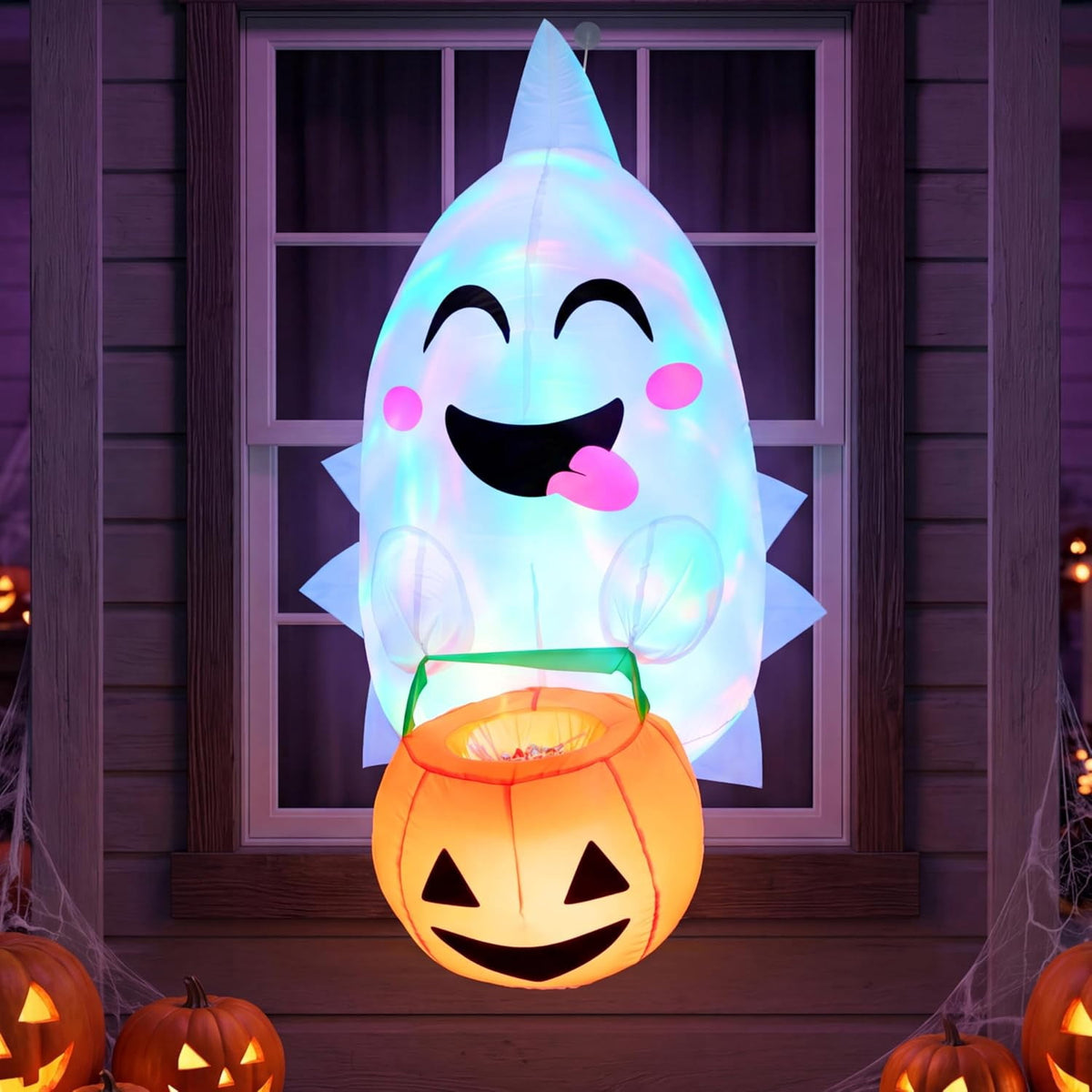 Joyfy 4 FT Halloween Inflatable Purple Octupos Head with Tentacles Broke Out from Window with Built-in LED Blow Up Inflatable for Window Decoration Yard Garden Lawn Decor